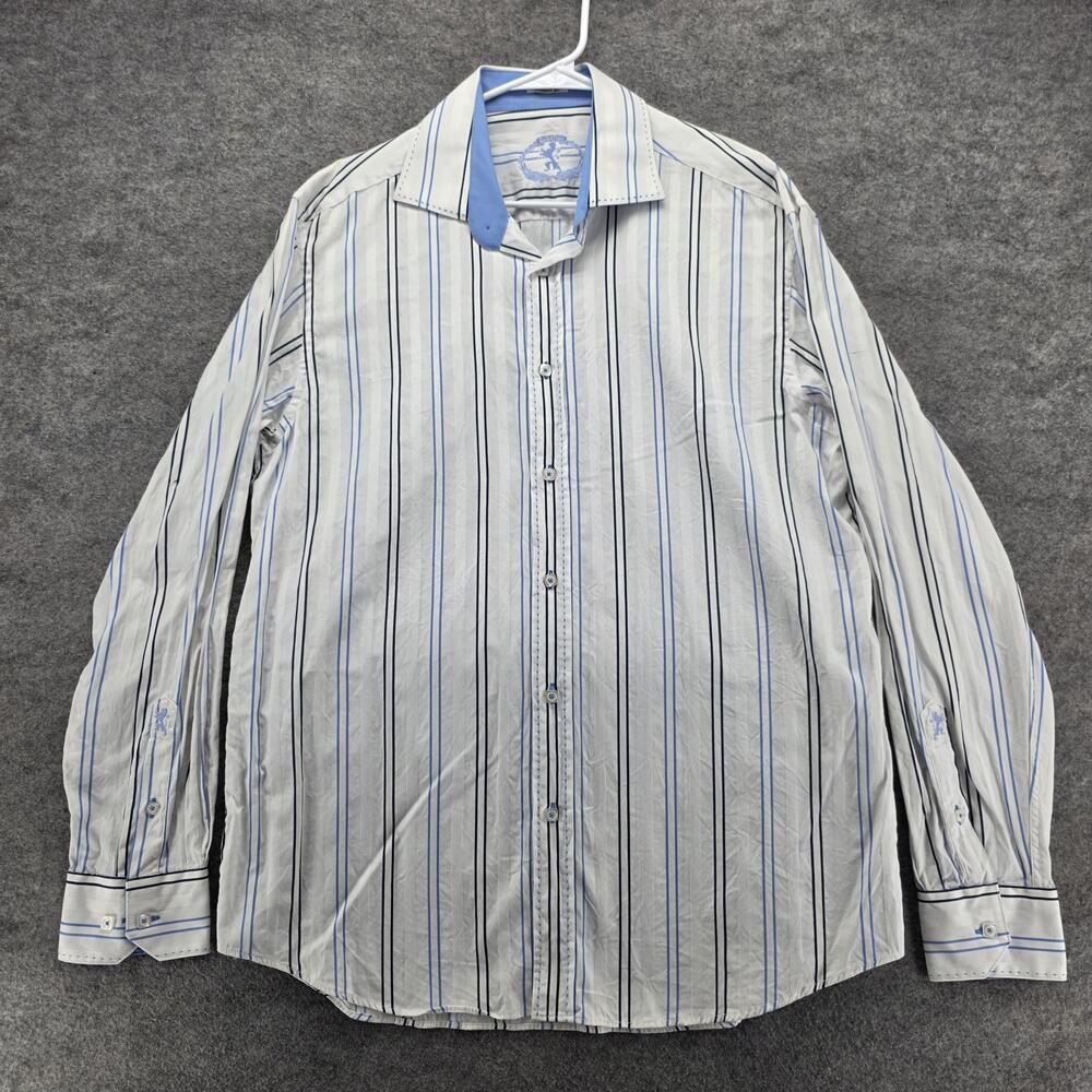 Bugatchi Shirt Mens XL White Blue Striped Long Sleeve Shaped Fit Button Up